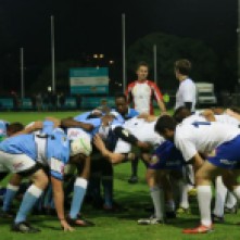 THE SCRUM: Monash and SHA tackle on the field for the ball.